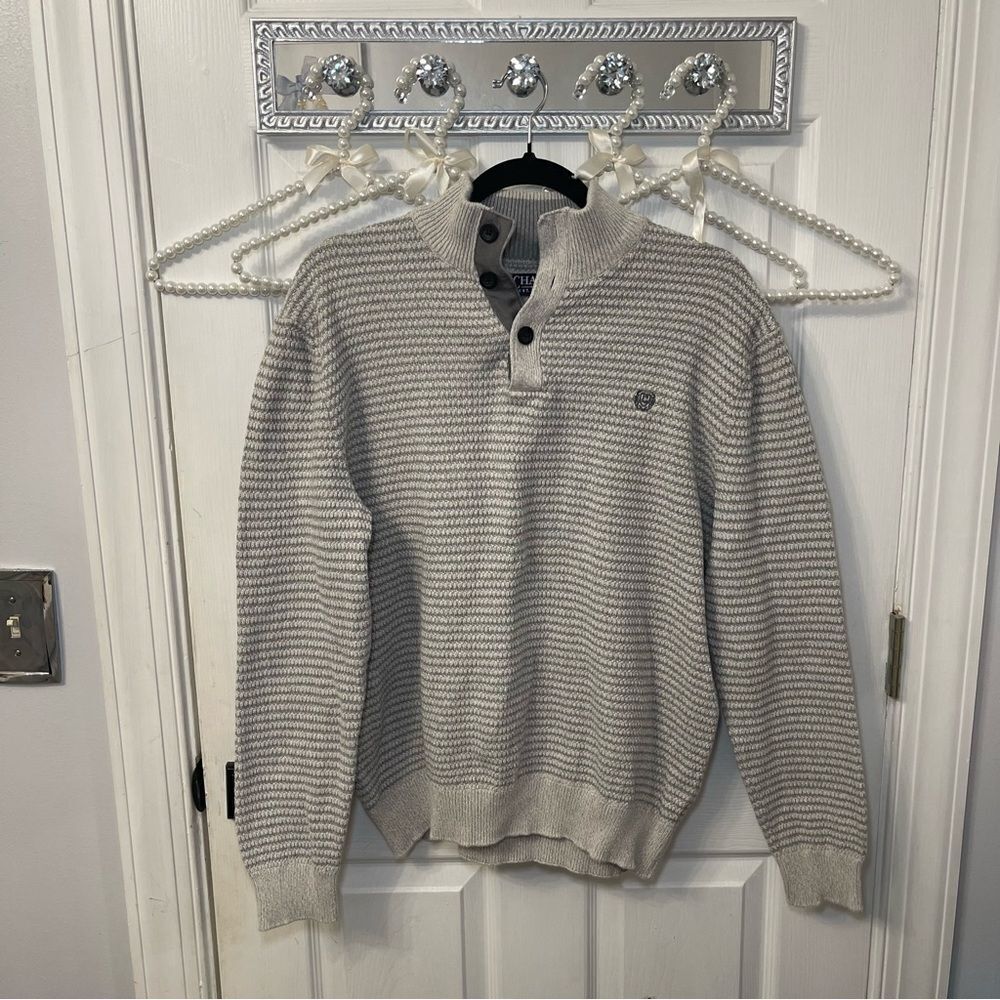 Chaps Light Gray 1/4 Button Henley Sweater w/ Elbow Patches